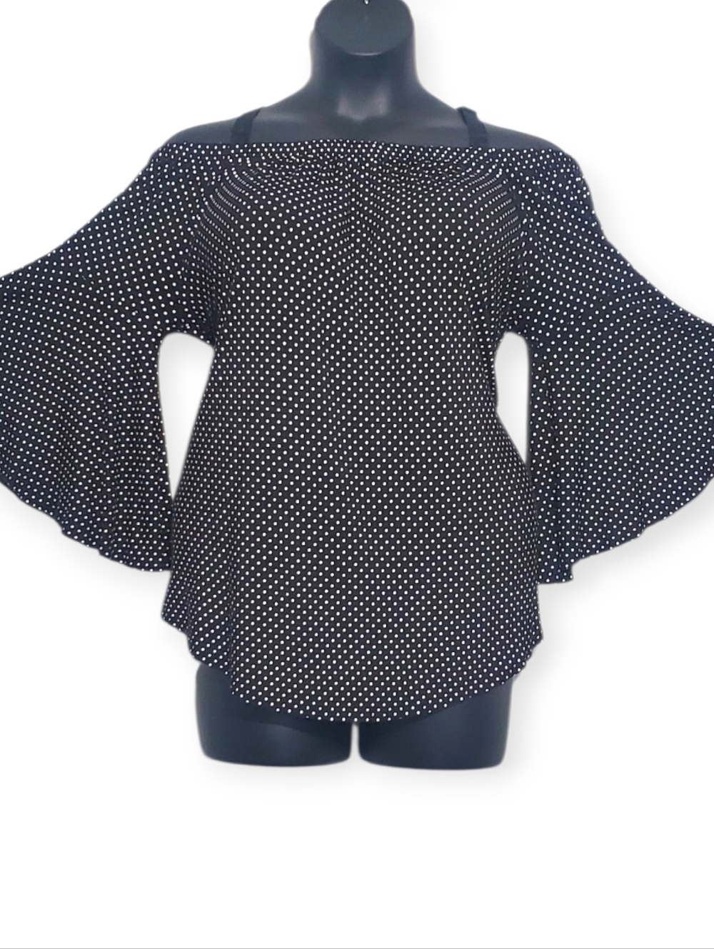 Ashley Stewart Black Polka Dot Off-Shoulder Bell Sleeve Top